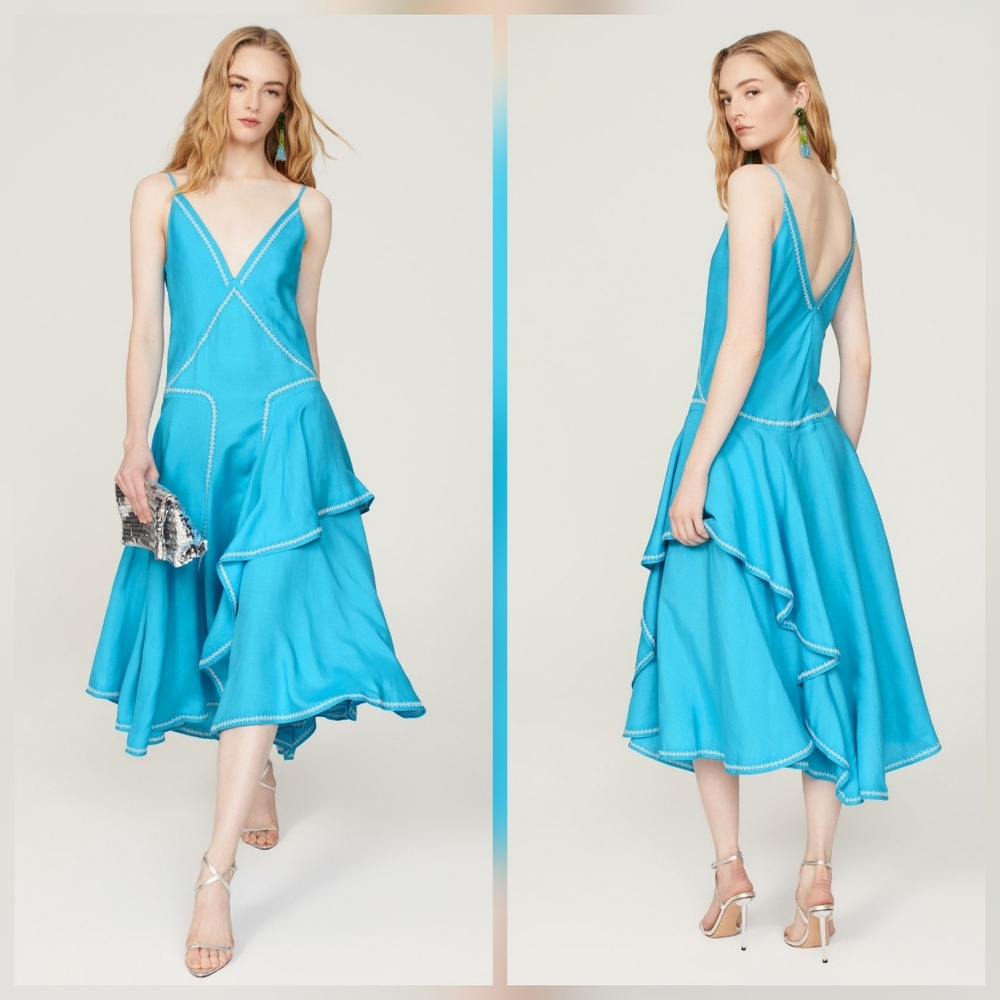 Esteban Cortazar Aqua Midi Dress Sleeveless V-neck Size XS